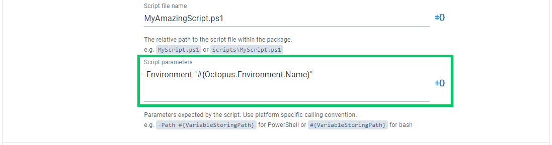 Script parameters configured on the Run a Script step