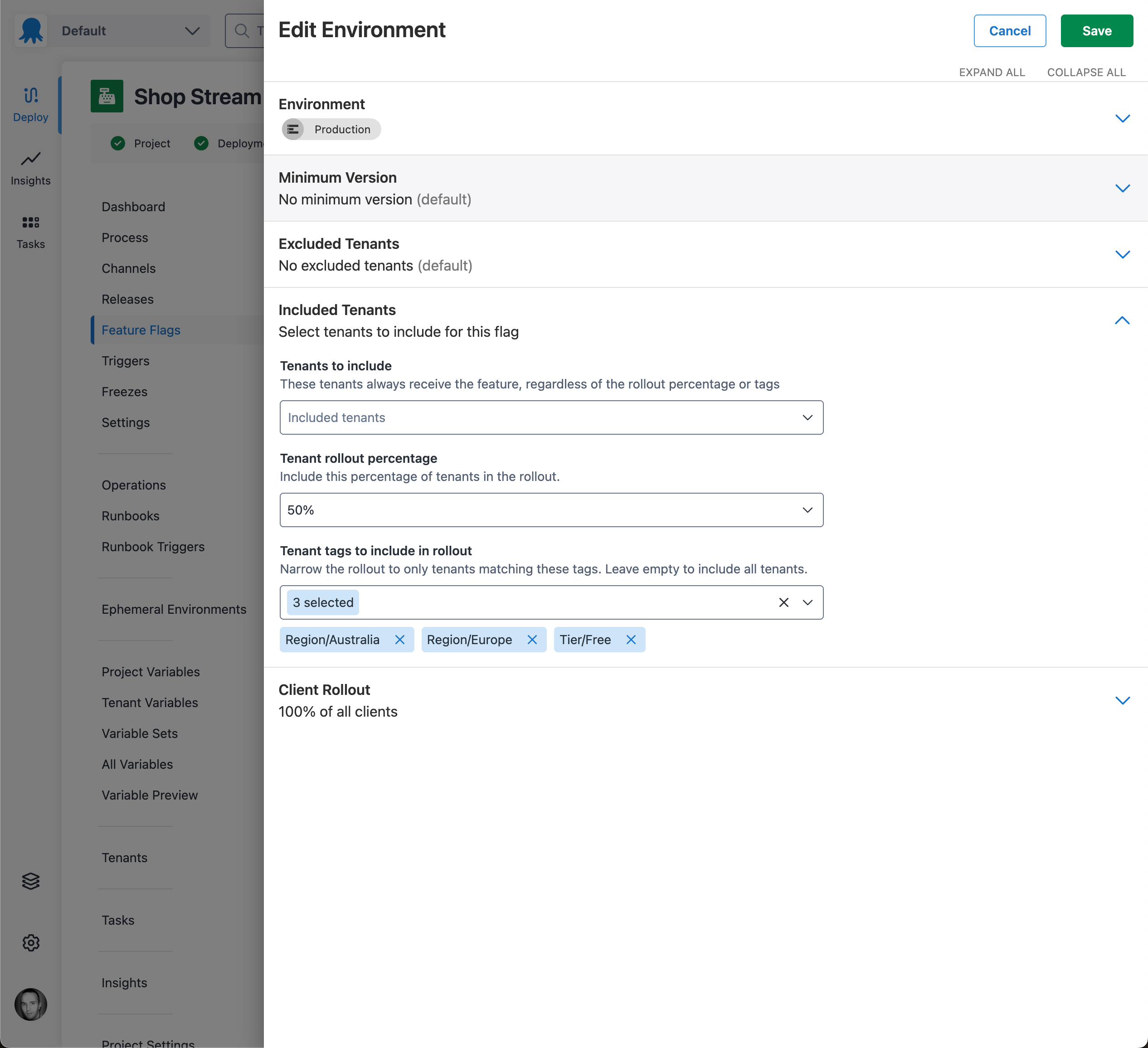 Screenshot of feature flag environment drawer, included tenants section expanded, tenants to include is empty, tenant rollout percentage is set to 50% and tenant tags to include in rollout multi-select has Tier/Free, Region/Australia, and Region/Europe selected