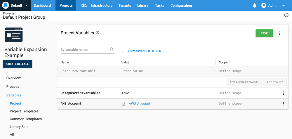 A project variables screen showing two variables. The first, OctopusPrintVariables, has a value of 'True'. The second, AWS Account, has a value with AWS Account type