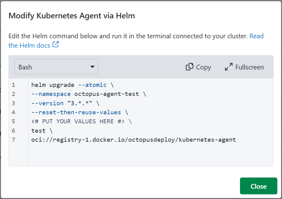Kubernetes Agent Modify via Helm dialog
