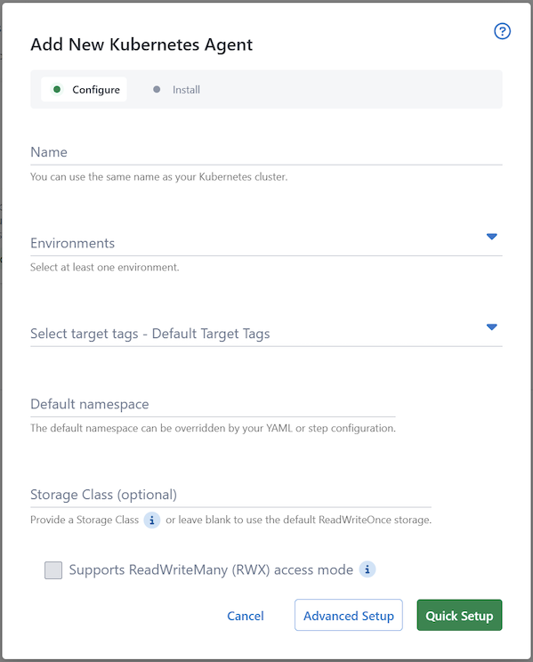 Kubernetes Agent Wizard Config Page