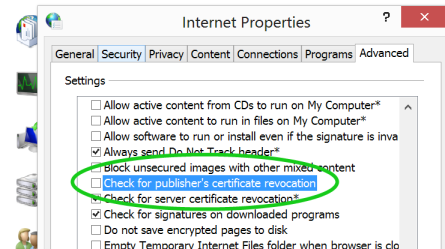 uncheck of the Check for publisher’s certificate revocation control panel option
