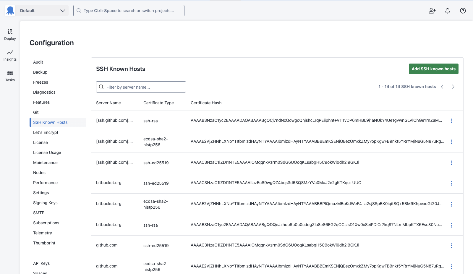 The SSH known hosts settings page in Octopus Deploy, showing a list of trusted SSH hosts