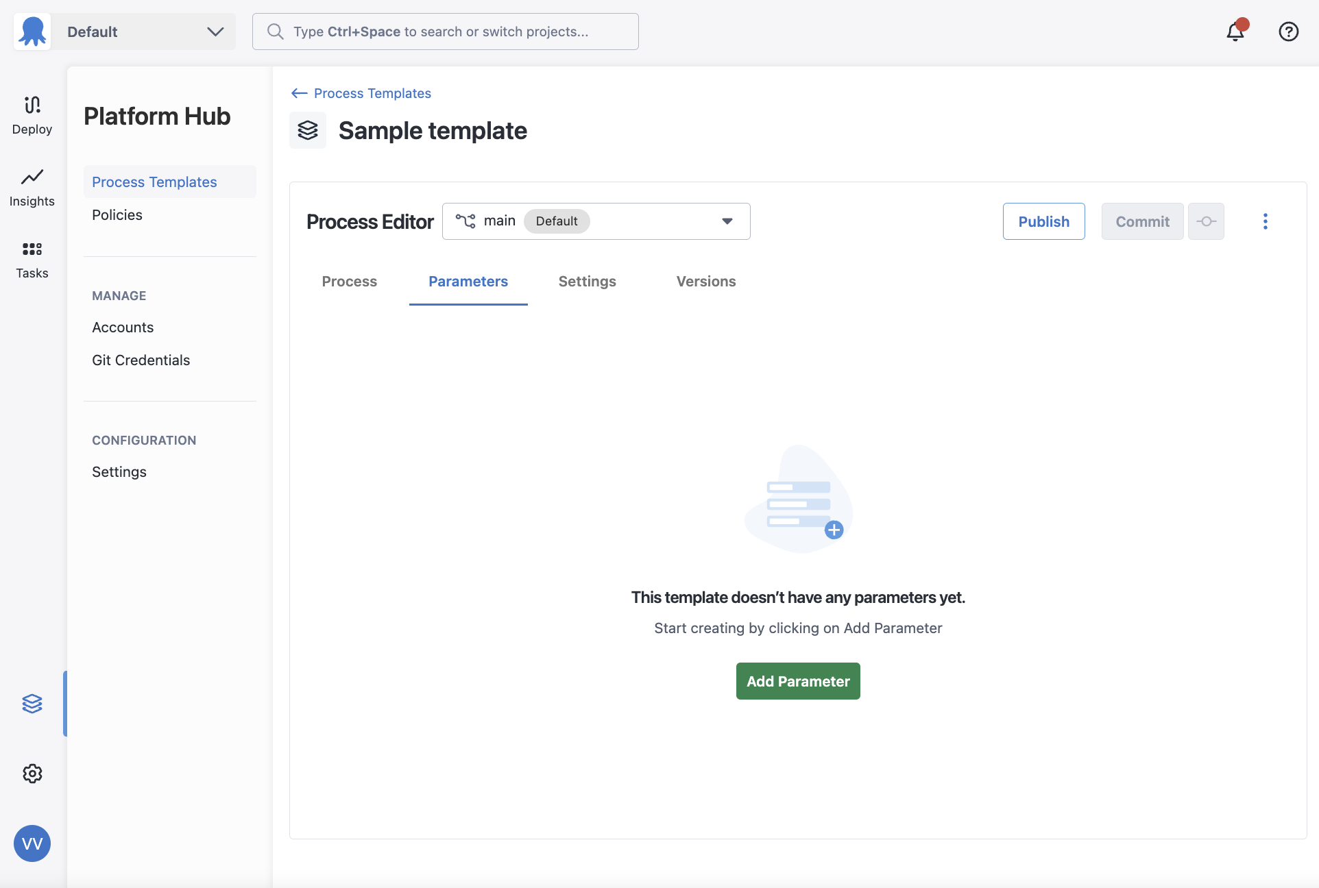 The parameters section in a process template