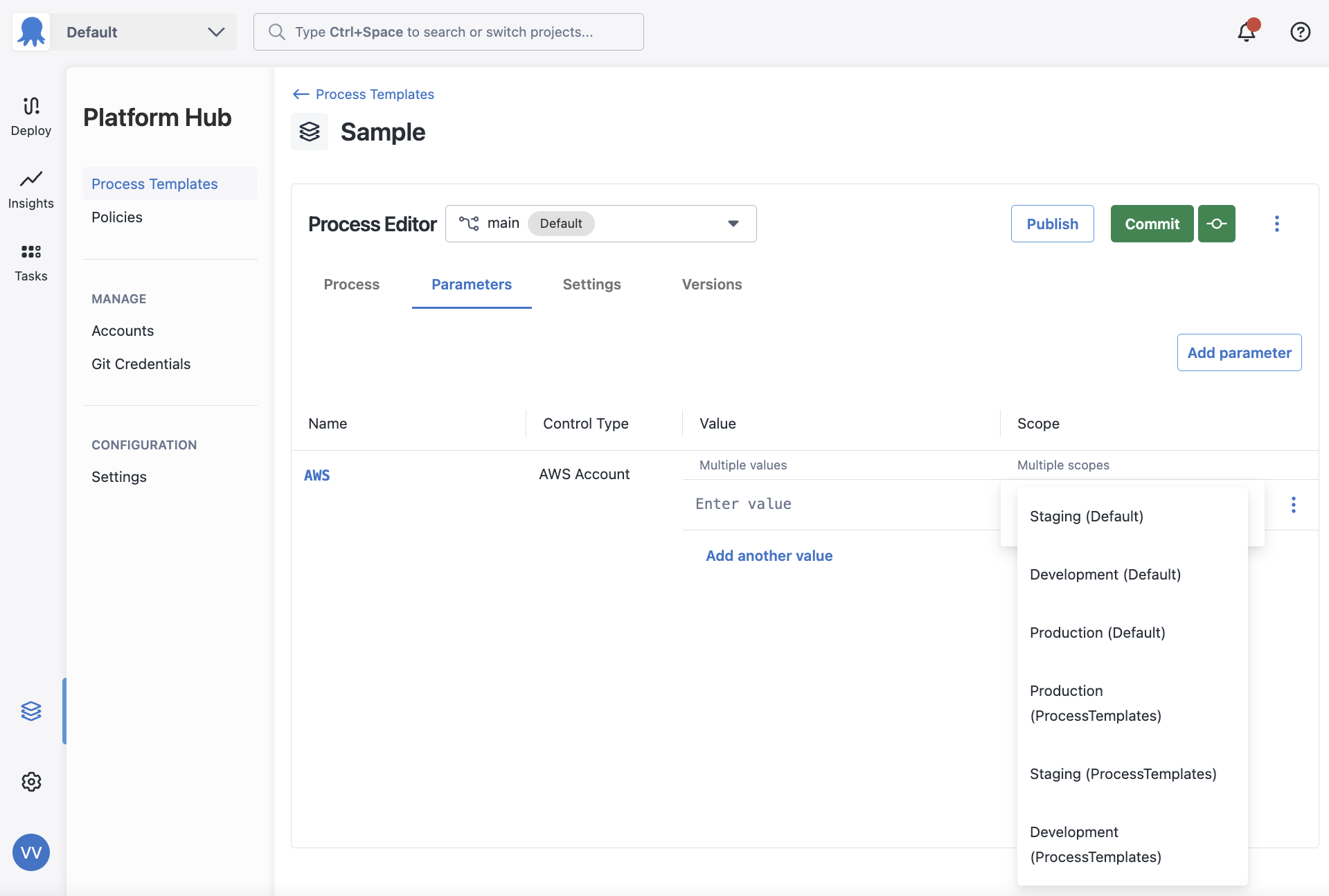 The account parameter allowing scoping to environments present across Octopus instance