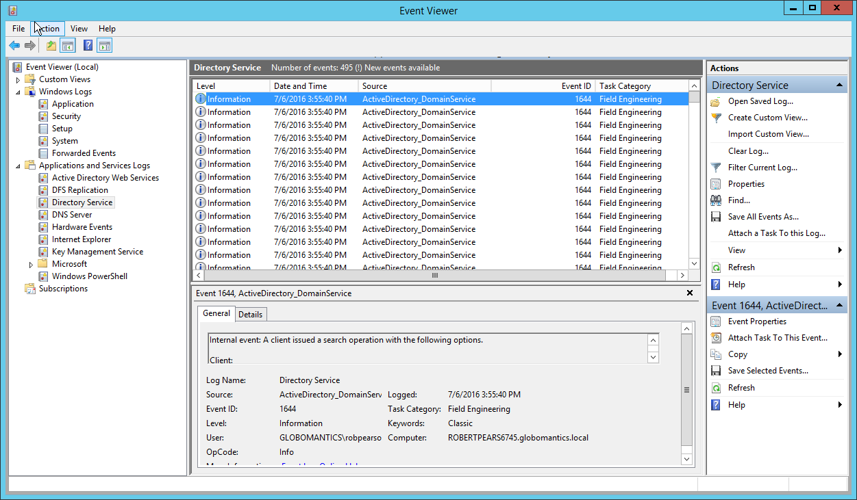 Event Viewer showing Active Directory diagnostic logs