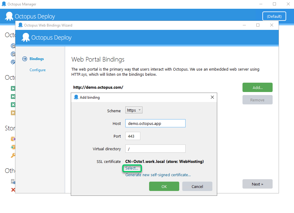 Octopus Add Bindings Pop-Up
