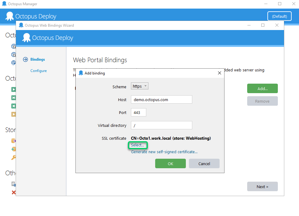 Octopus Manager Add Binding Pop-Up