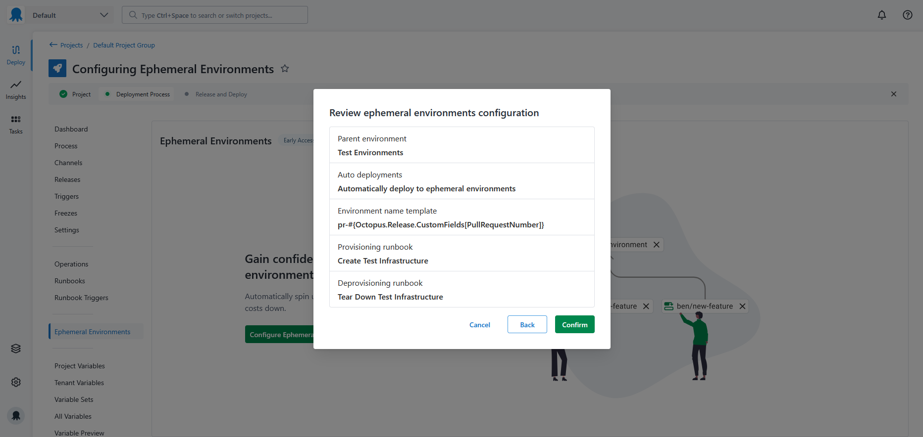 Confirming the configuration of ephemeral environments for a project